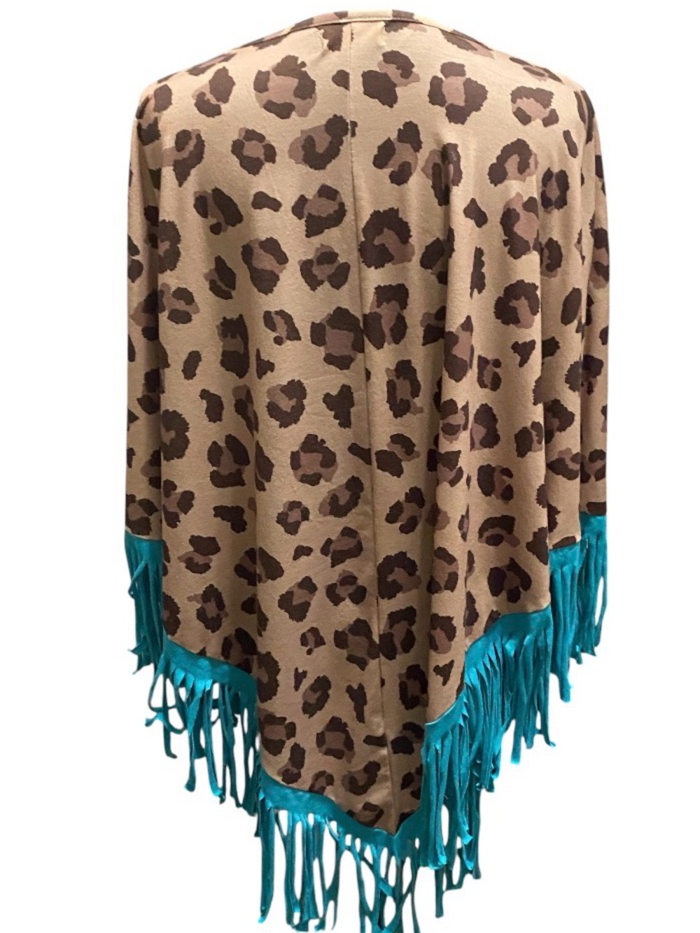 Southern Stitch Leopard Poncho with Teal Fringe - Picture 2 of 3